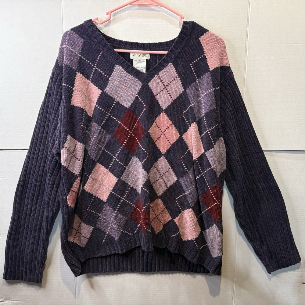 White Stag Vintage Y2K Women's XL Chenille Argyle V Neck Sweater Deep Purple - Picture 5 of 7